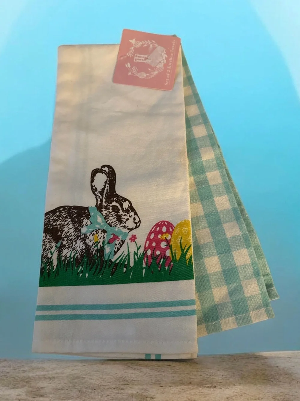 Easter Bunny Kitchen Towel - White with Teal Check